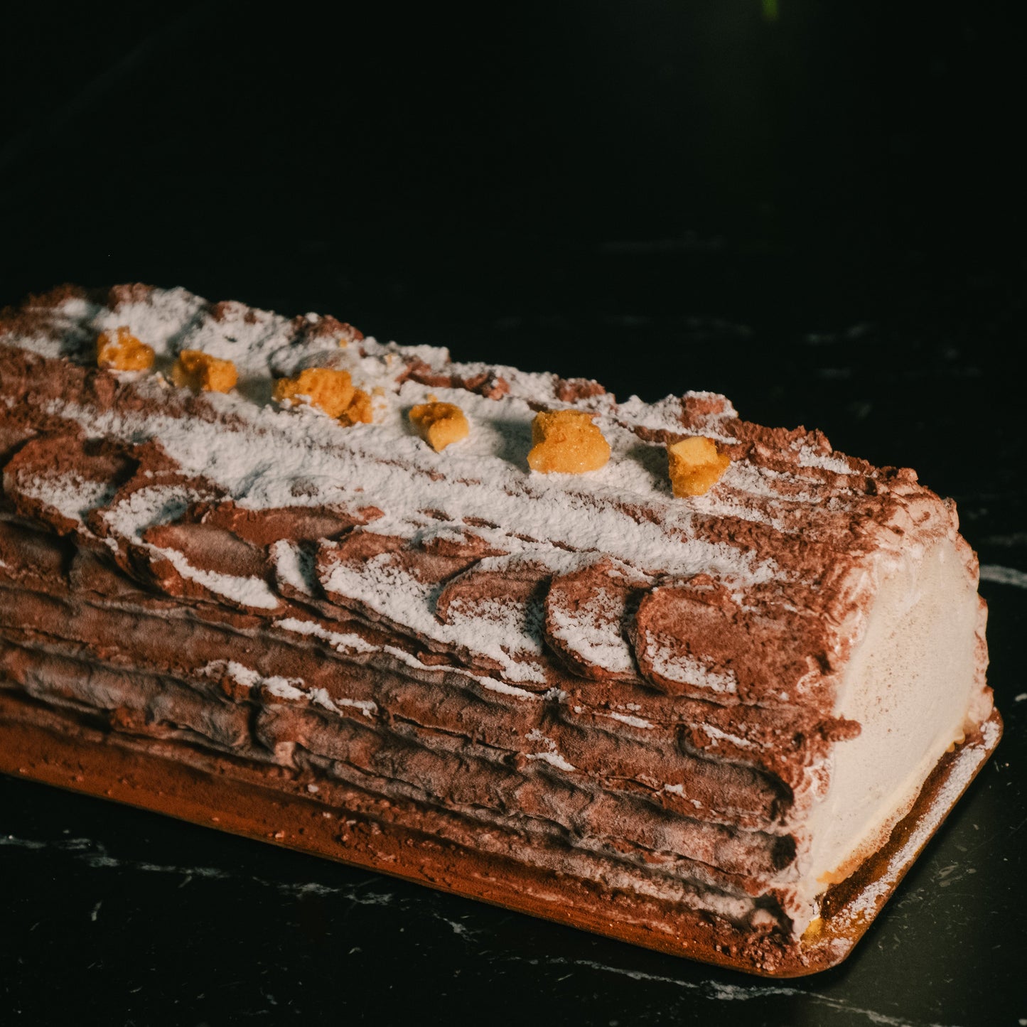 Bûche de Noël vanille/chocolat blanc caramélisé